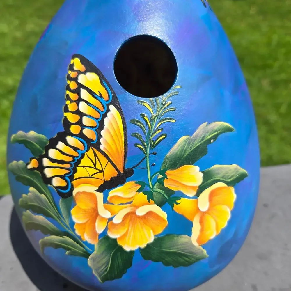 Handpainted Butterfly Hanging Gourd Birdhouse Blue Yellow Green Purple 16
